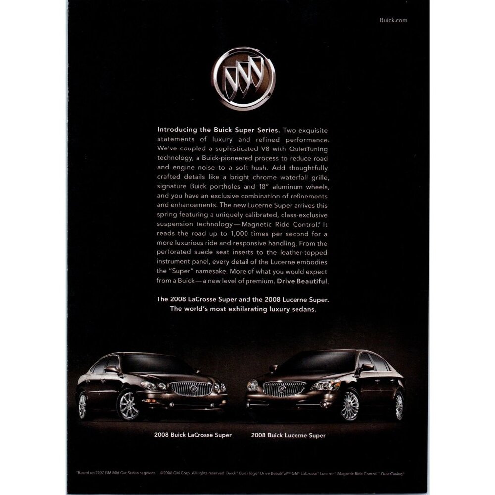 2008 Buick LaCrosse and Lucerne Super Luxury Sedan Vintage Print Ad Wall Art